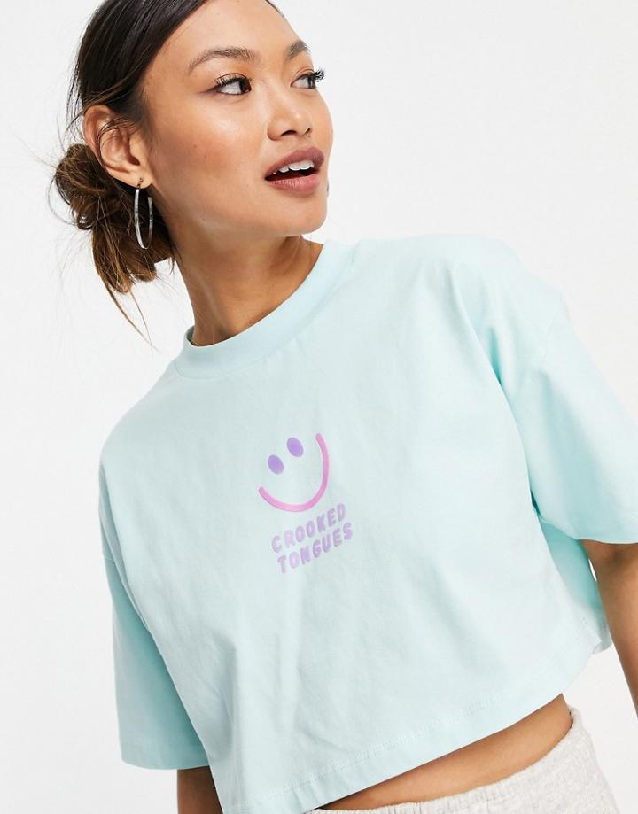 Crooked Tongues Cropped T-shirt With Logo In Light Blue-green
