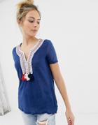 Brave Soul Selena Top With Embroidery And Tassle Detail - Blue