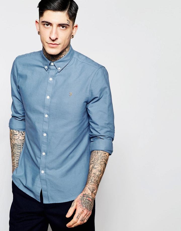 Farah Oxford Shirt In Slim Fit Blue - Seal