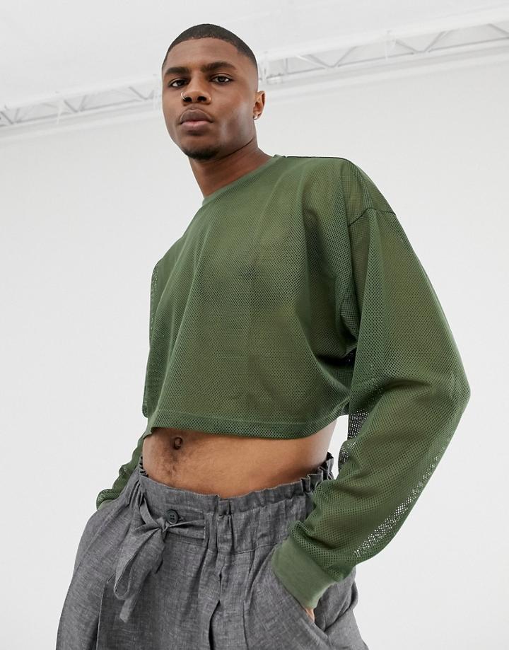 Asos Design Oversized Long Sleeve T-shirt In Khaki Mesh-green