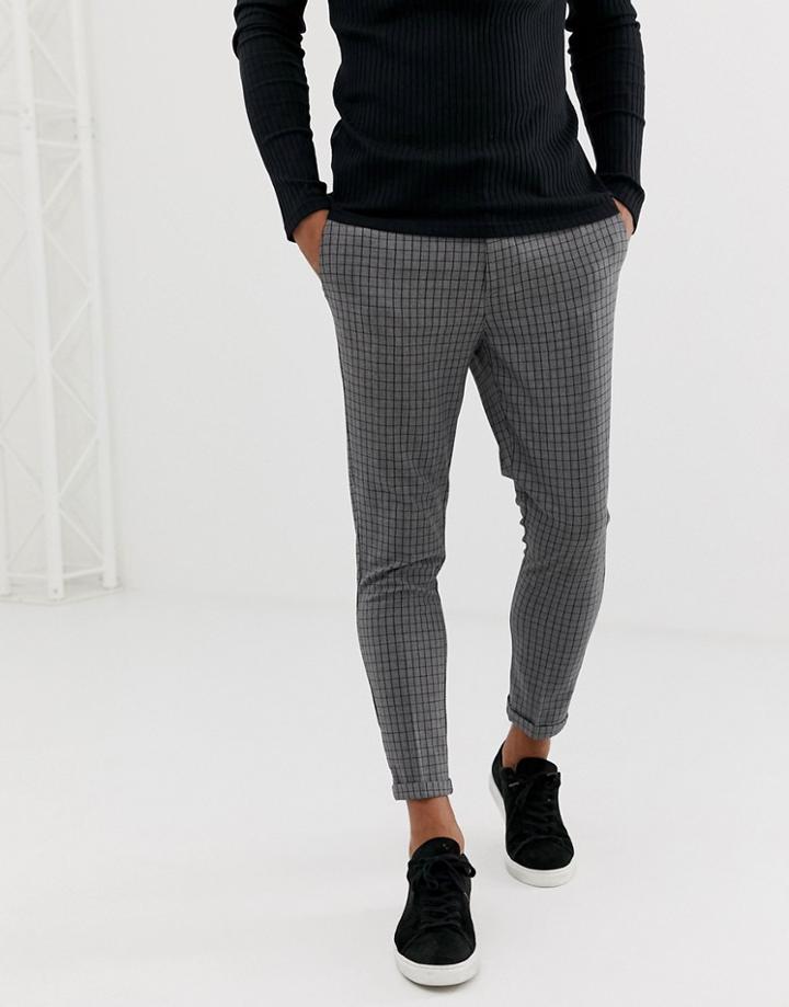 New Look Skinny Fit Cropped Pants In Gray Mini Grid Check