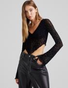 Bershka Flare Sleeve Jacquard Animal Blouse In Black