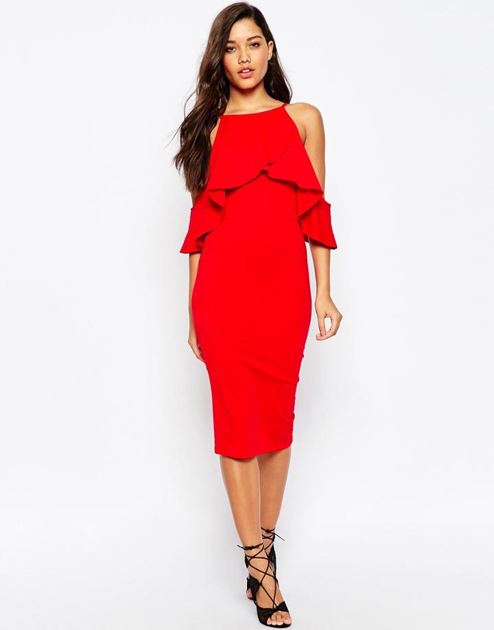 Asos High Neck Cold Shoulder Midi Dress - Red