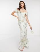 Hope & Ivy Bridesmaid Cold Shoulder Cowl Neck Maxi Dress In Ivory Based Floral-multi