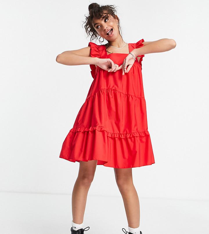 Topshop Petite Poplin Mini Pini Dress In Red-multi