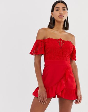 Love Triangle Lace Top Romper With Wrap Ruffle Skort In Red - Red