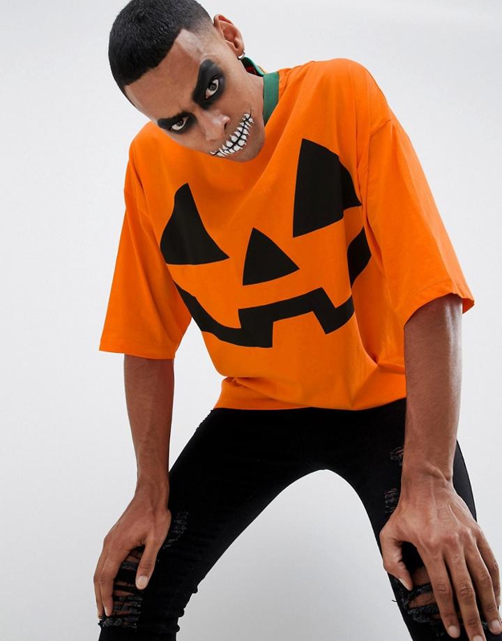 Asos Design Halloween Oversized T-shirt With Pumpkin Print And Half Sleeve - Orange