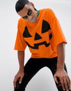 Asos Design Halloween Oversized T-shirt With Pumpkin Print And Half Sleeve - Orange