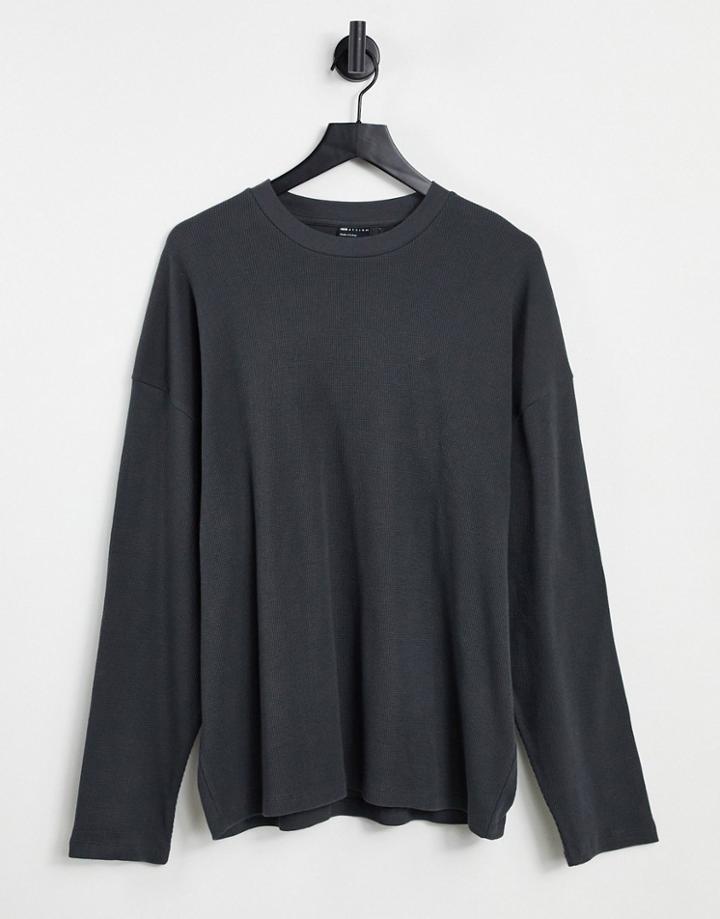 Asos Design Long Sleeve Oversized Waffle T-shirt In Washed Black