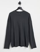 Asos Design Long Sleeve Oversized Waffle T-shirt In Washed Black