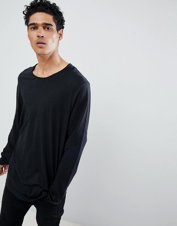 Esprit Longline Long Sleeve T-shirt With Curved Hem In Black - Black