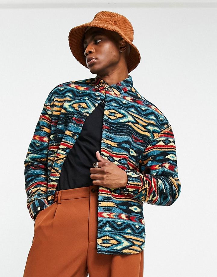 Asos Design 90s Oversized Shirt In Geo Teddy Fleece-multi