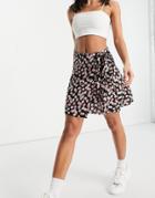 Cotton: On Wrap Mini Skirt In Black Floral