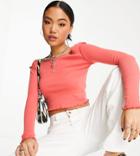 Topshop Petite Long Sleeve Lettuce Top In Rose-pink