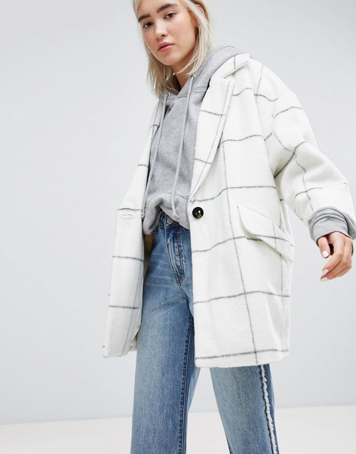 Pull & Bear Premium Longline Check Car Coat - Cream