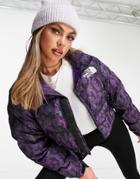 The North Face Nuptse Cropped Leopard Print Jacket In Purple