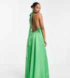 Asos Design Petite Satin Halter Neck Backless Wide Leg Jumpsuit In Bright Green