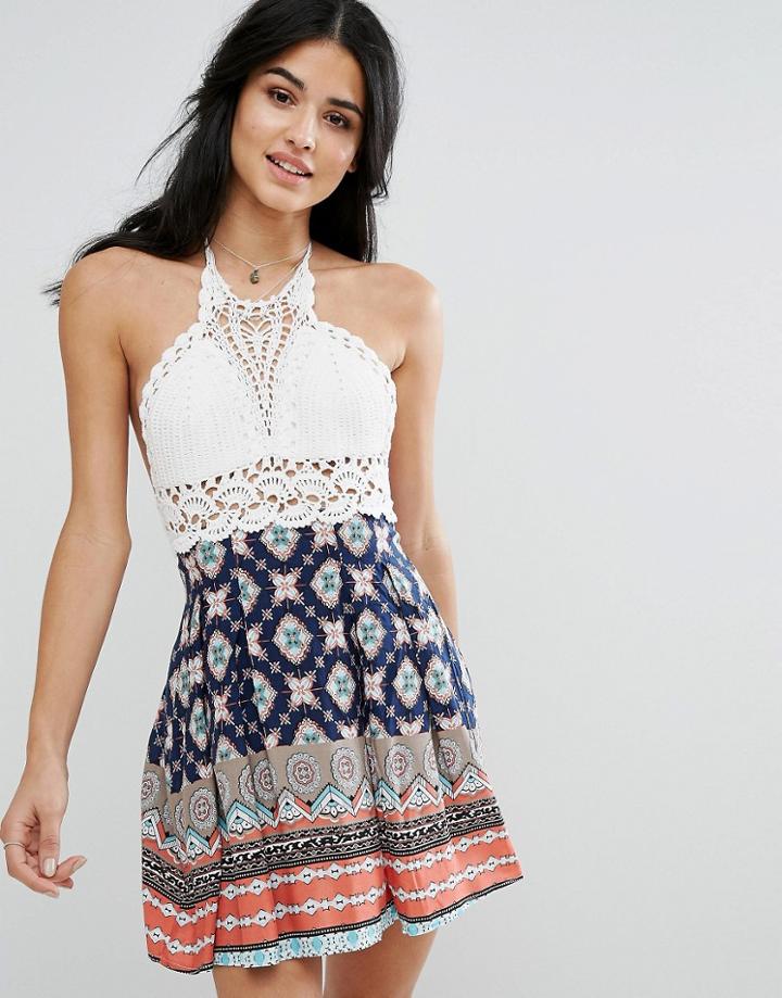 Kiss The Sky Crochet Print Skater Dress - Multi