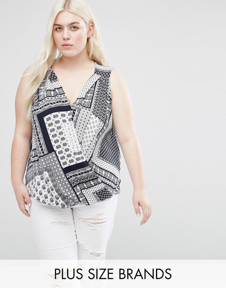 Koko Plus Wrap Front Blouse In Scarf Print - Navy