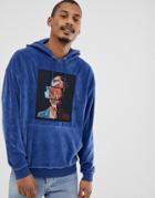 Asos Design Oversized Hoodie In Velour With Photographic Print - Blue
