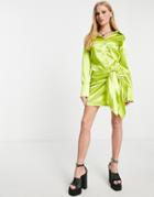 Missyempire Satin Shirt Dress With Drape Detail In Chartreuse-yellow