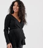 Asos Design Maternity Long Sleeve Wrap Top In Plisse With Asymmetric Hem-black