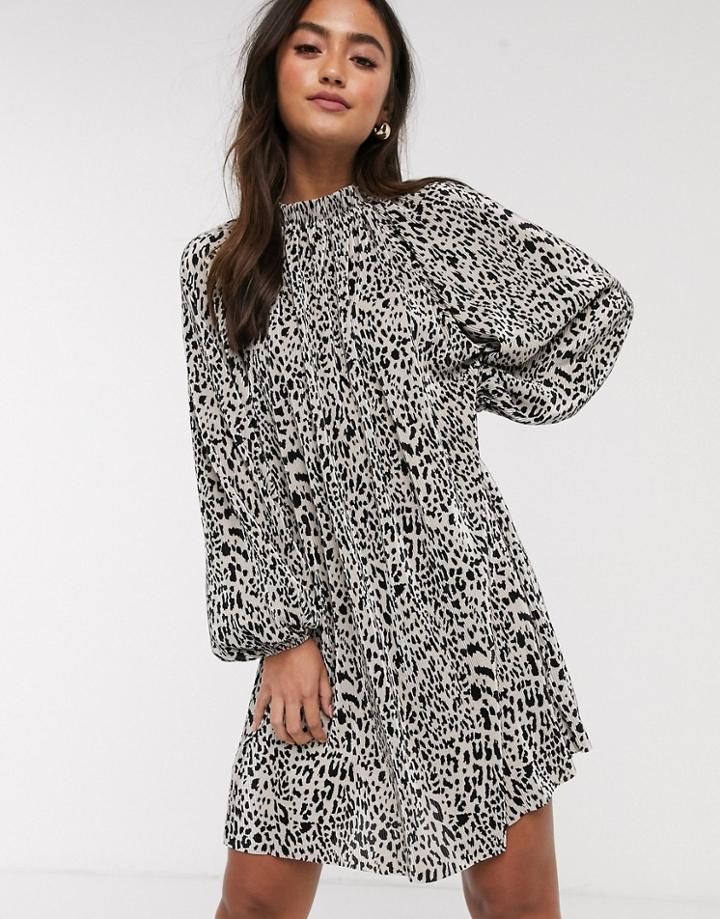 Asos Design Oversized Plisse Smock Dress In Animal Print-multi