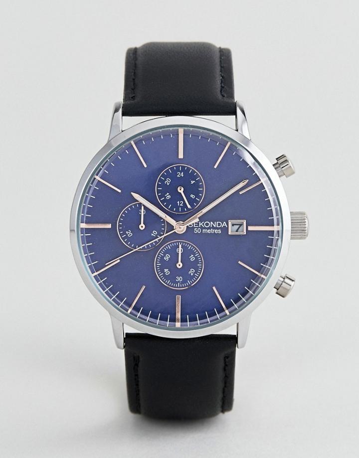Sekonda Chronograph Leather Watch With Blue Dial Exclusive To Asos - Black