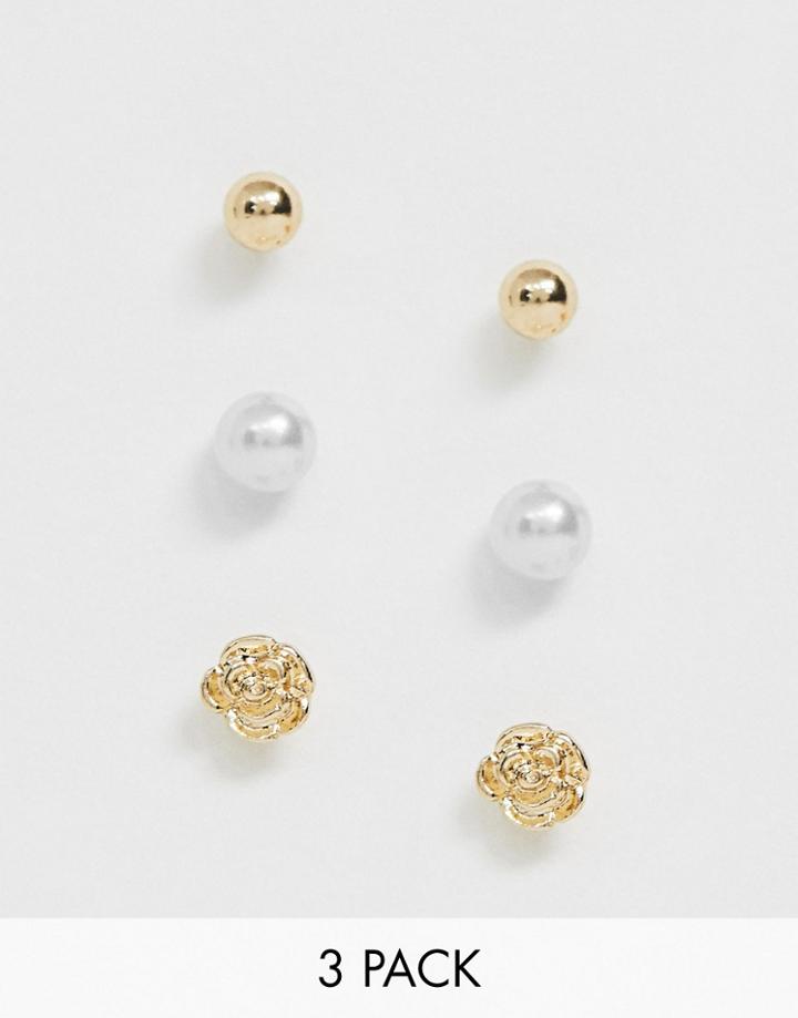 Asos Design Pack Of 3 Stud Earrings With Pearl And Rose In Gold Tone