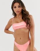 Asos Design Square Neck Skinny Crop Bikini Top In Metallic Coral - Orange
