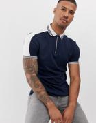 Asos Design Organic Zip Neck Polo Shirt With Tipping And Contrast Shoulder Panel - Navy