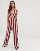 Prettylittlething Belted Jumpsuit In Red And Cream Stripe - Multi