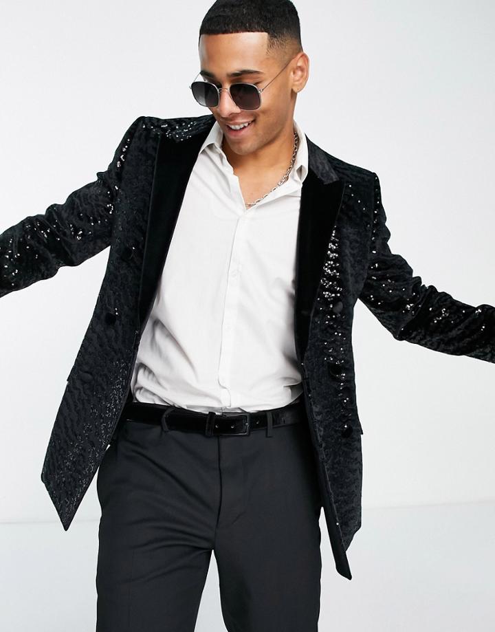 Asos Design Super Skinny Velvet Sequin Suit Jacket-black