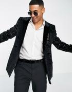Asos Design Super Skinny Velvet Sequin Suit Jacket-black