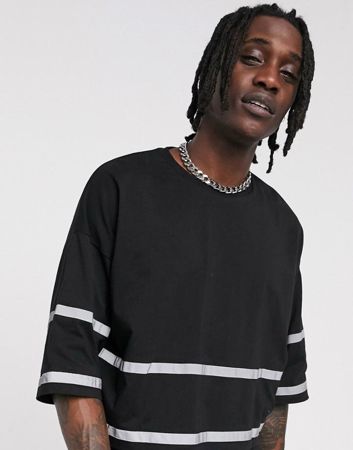 Asos Design Oversized Cropped T-shirt With Reflective Tape - Black