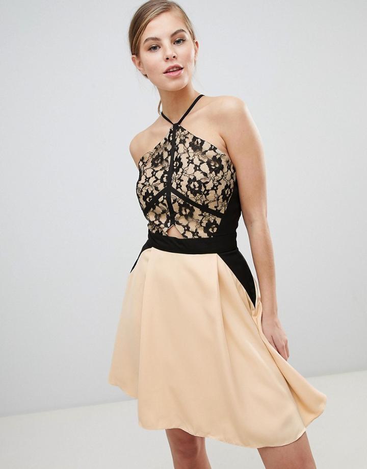 Little Mistress Lace Overlay Mini Dress - Beige