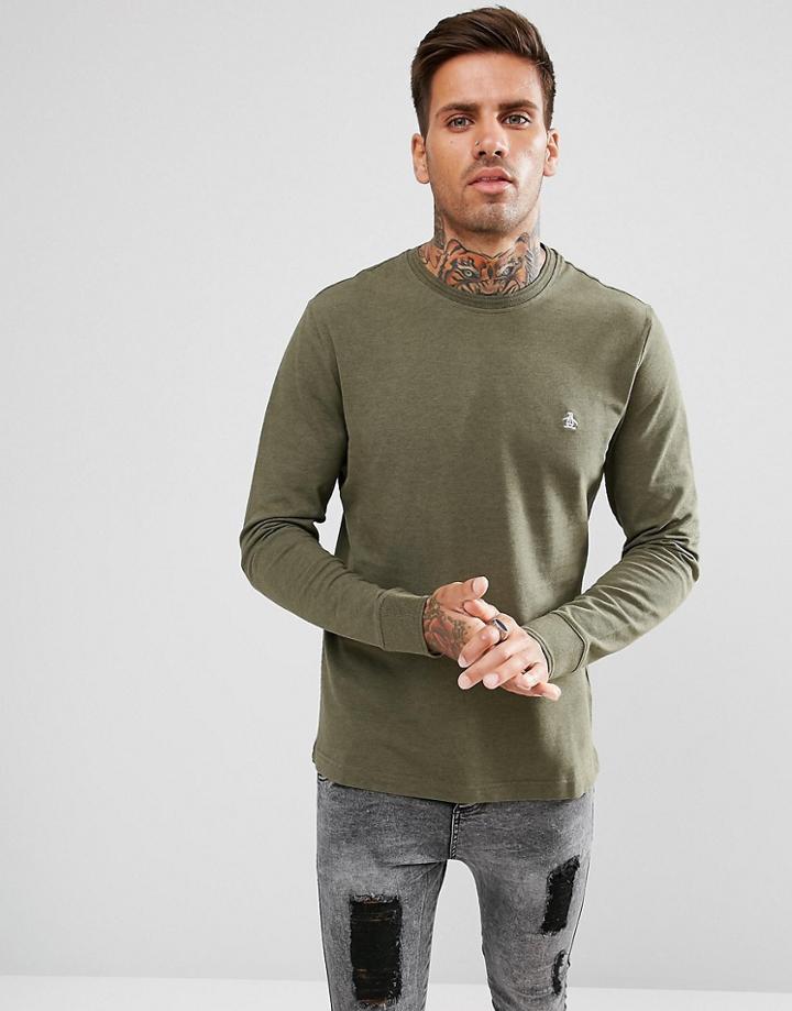 Original Penguin Long Sleeve Top Pique Logo In Green Marl - Green