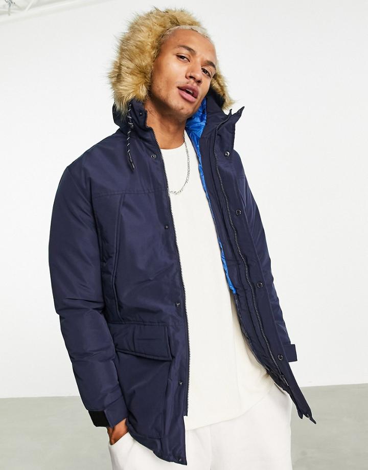 Jack & Jones Originals Parka With Faux Fur Lined Hood In Navy