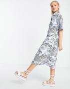 Monki Aloe Organic Cotton Midi Shirt Dress In Blue Scenic Print-blues