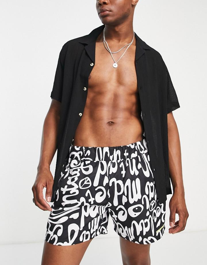 Reclaimed Vintage Inspired Swim Shorts In Mono Trippy Logo Print-multi