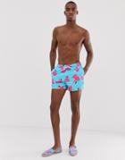 Asos Design Two-piece Swim Shorts With Flamingo Print In Short Length-blue