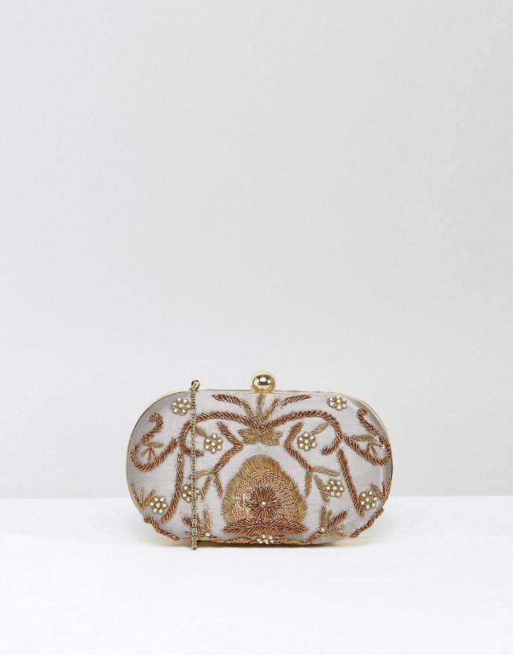 Park Lane Hand Embroidered Clutch Bag With Embellished Loop Clasp - Gray