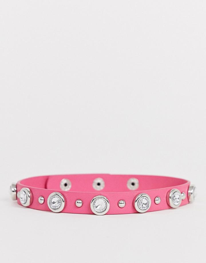 Asos Design Choker Necklace With Crystal Studs In Pink Faux Leather