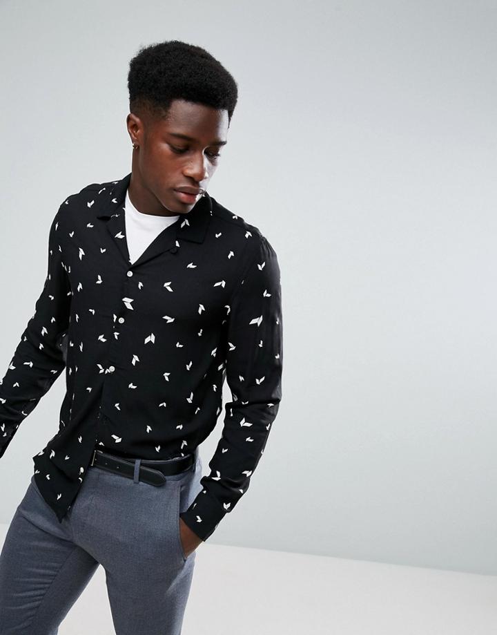 Stradivarius Regular Fit Revere Collar Shirt With Print In Black - Black