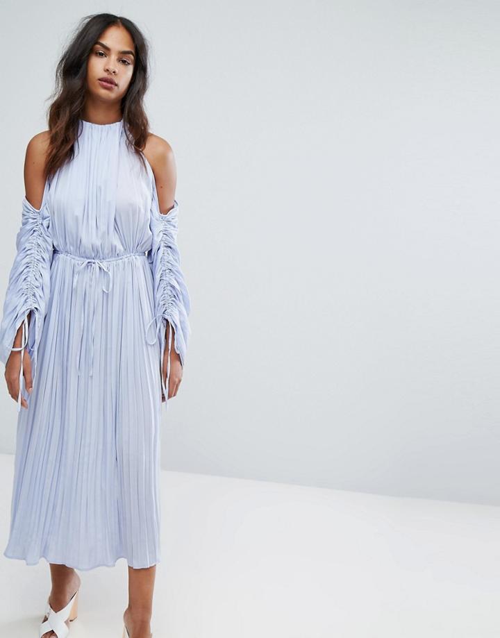 Warehouse Premium Ruched Sleeve Cold Shoulder Dress - Purple
