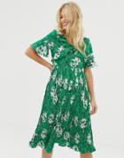 Liquorish Floral Midi Dress With Pleated Skirt - Green