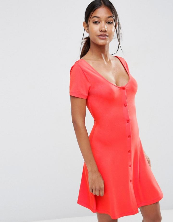 Asos Skater Dress With Button Front - Poppy Red