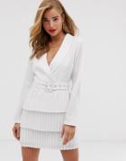 In The Style X Dani Dyer Plunge Front Blazer Dress With Pleated Skirt In White