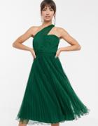 Asos Design One Shoulder Tulle Wired Hem Midi Dress-green