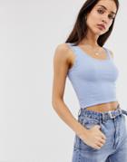 Stradivarius Ribbed Tank Top With Lace Trim In Blue
